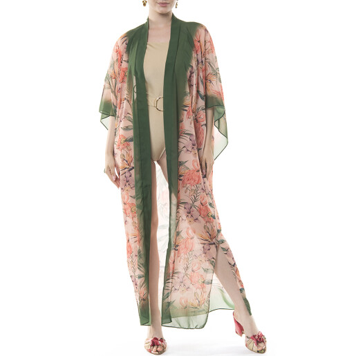Kimono lung deschis Tropical Breeze, bordura verde, voal transparent